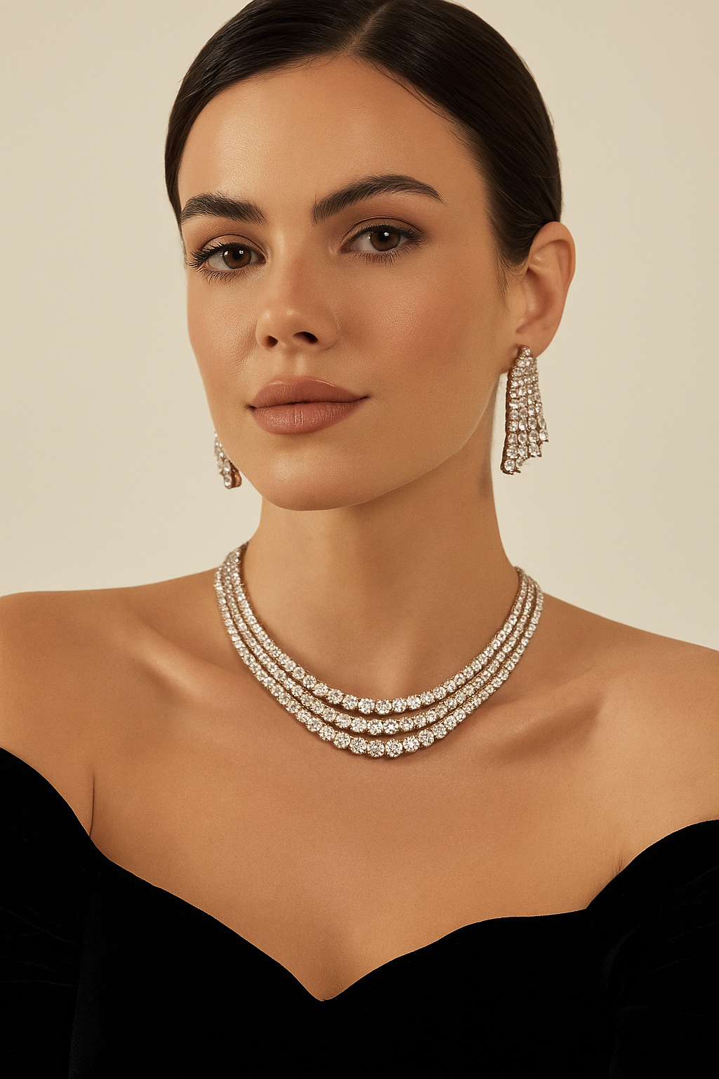 Golden Triple Layer Diamond Look Necklace Set